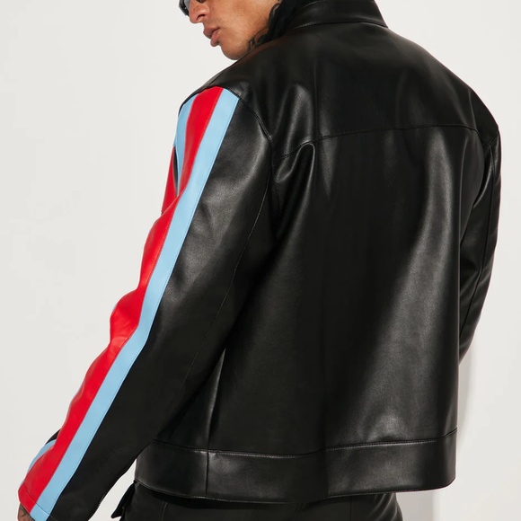 Fashion Nova Racing Faux Leather Jacket - Black/Red Blue - Picture 2 of 11